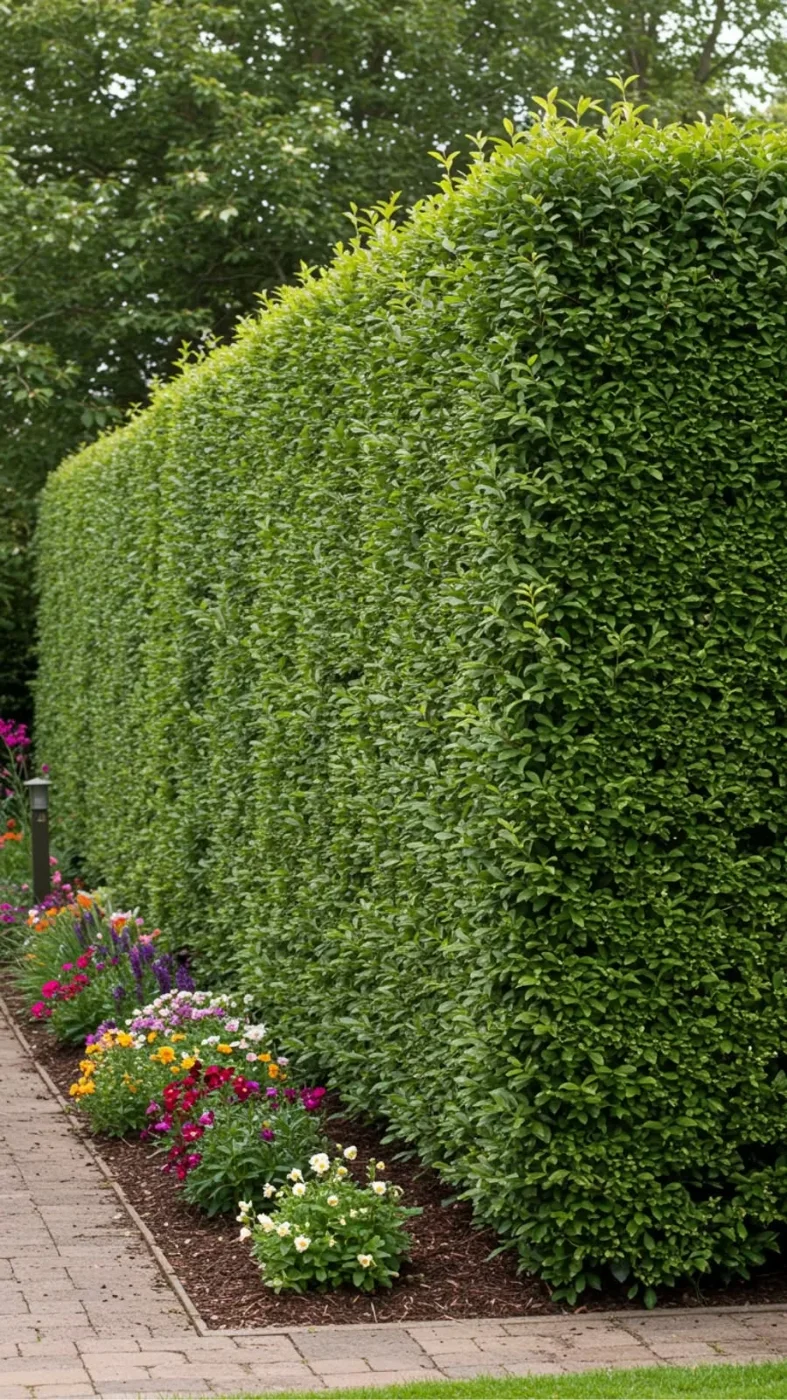 Hedge with a flower border — lawn and landscape photo
